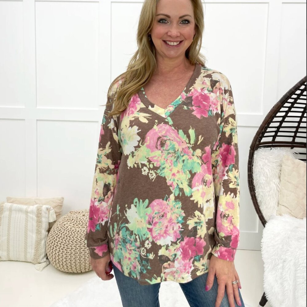 Floral V-Neck Long Sleeve Top - Brown/Pink L